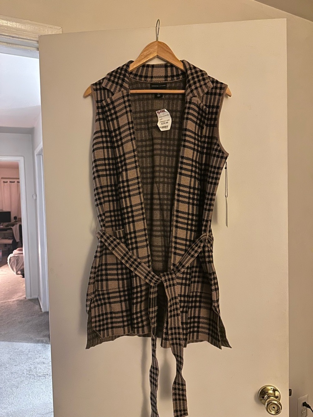Adrienne Vittadini Plaid Hooded Belted Vest - Tan & Black